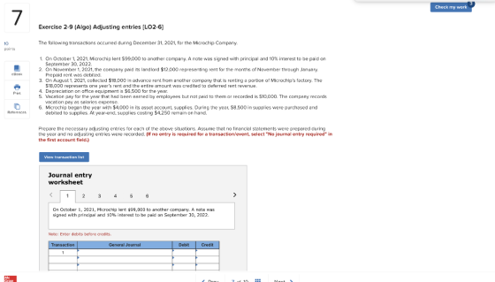 Check my work Exercise 2-9 (Algo) Adjusting entries (LO2-6] The following transactions occurred during December 31, 2021, for