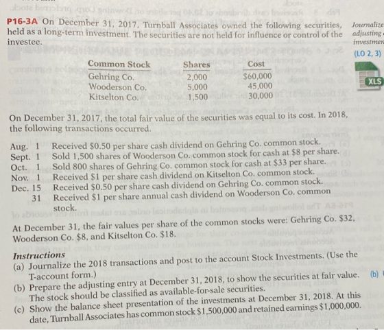 P16-3A On December 31, 2017. Turnball Associates owned the following securities, held as a long-term investment. The securiti