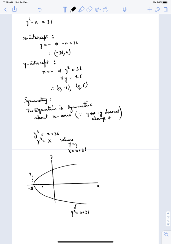 7:28 AM Sat 14 Dec 90% TON O + B 5 19-22 = 36 n-intercept: yao -n-36 neo y² = 36 • :.(-36,0) y-intercept : y = 16 .: 60,-), 6