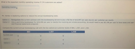 What is the expected monthly operating income if 174 customers are added? Operating income Mr. Henley is exploring options to reduce the annual bookkeeping costs Option 1: Renegotiate the current contract with the bookkeeping service to pay a fiat fee of $10,497 per year plus $1 per customer per month. Option 2: Hire a par-time bookkeeper for $18,496 per year to handle the invoicing and simple accounting. He would need to pay $6,198 per year to have taxes and year- end financial statements prepared Compare the current annual bookkeeping cost with the two options at customer levels of 884, 1,597, and 1,438. 1,597 1,438 Current costs Option 1 Option 2