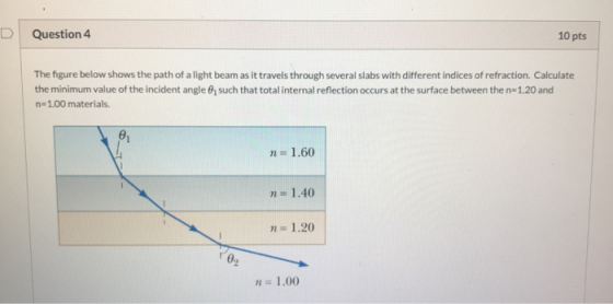 Question 4 10 pts The figure below shows the path of a light beam as it travels through several slabs with different indices