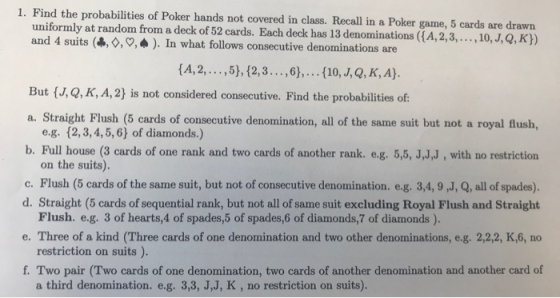 1. Find the probabilities of Poker hands not covered in class. Recall in a Poker game, 5 cards are drawn uniformly at random from a deck of 52 cards. Each deck has 13 denominations ({A, 2, 3, . . . , 10, J Q, K)) and 4 suits (4,◇,0,6 ). In what follows consecutive denominations are But (J,Q,K, A, 21 is not considered consecutive. Find the probabilities of a. Straight Flush (5 cards of consecutive denomination, all of the same suit but not a royal flush, e.g. (2,3,4,5,6) of diamonds.) b. Full house (3 cards of one rank and two cards of another rank. e.g. 5,5, J,J,J, with no restriction on the suits). c. Flush (5 cards of the same suit, but not of consecutive denomination. e.g. 3,4, 9 ,J, Q, all of spades). d. Straight (5 cards of sequential rank, but not all of same suit excluding Royal Flush and Straight e. Three of a kind (Three cards of one denomination and two other denominations, e.g. 2,2,2, K,6, no f. Two pair (Two cards of one denomination, two cards of another denomination and another card of Flush. e.g. 3 of hearts,4 of spades,5 of spades,6 of diamonds,7 of diamonds ). restriction on suits). a third denomination. e.g. 3,3, J,J, K, no restriction on suits)