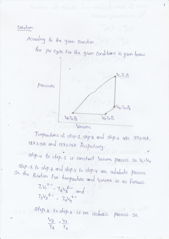 Solution Accading to the gwen Queshorn the py cyele Fos the given Condi tons is given beouo Põessuõe Volume Tempesfuses at step-1, shepa and Step 3 ae H2-l3k a7 3-15k and l93k Respech vely Stepy to step- 1 is Constant Volume paocess. So, V,-Vy o step-a and step-3 to Stepy ase adibtc Pšocess- s, the Reation Fos tompostase and oume is as foffoas Relation Fos edatuse ahd Volume is qs Foffows Y- Step. a to slep-a is on isobasic potess. So, 3