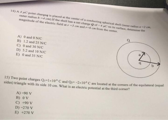 14) A u point chargeg is placed at the center of a conducting spherical shell inner radius a 2 cm outer radius b-4 cm). If th