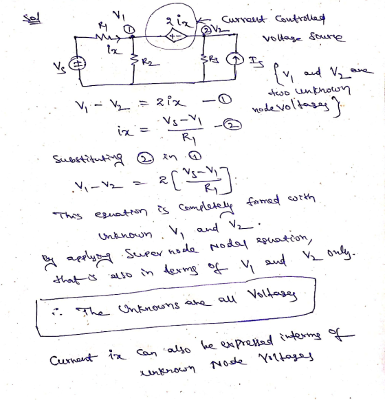 Vi เช Ry niy ix SR مه Sell Curnent Controlled voltage source Vs {y and Vane Via Vazine two unknown node voltass} -VS-V ix= R