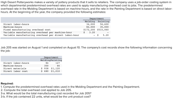 High Desert Potteryworks makes a variety of pottery products that it sells to retailers. The company uses a job-order costing