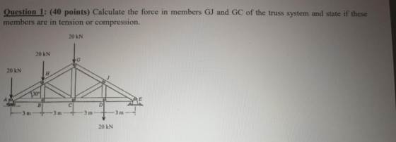 Question 1: (40 points) Calculate the force in members GJ and GC of the truss system and state if these members are in tensio