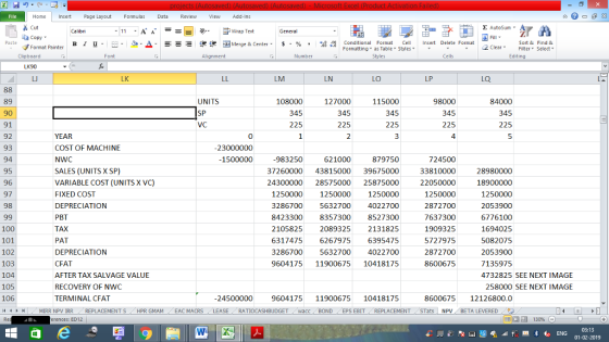 Home nert Page Layout Formulas Data Review View dd-Ins E AutoSum ー E ゴWrap Text Copy B 1 프 . Ej-., Δ. : r_一 逻锂函Merge & Center. $, % , 弼,8 conditional Format . Cell Insert Delete Format Paste Sort &Find & Format Painter Formatting as Table Styles2 Clear Clipboard Editing LK90 UNITS 108000 345 225 127000 345 225 115000 98000 345 225 4 84000 90 225 225 YEAR COST OF MACHINE NWC SALES (UNITS X SP) VARIABLE COST (UNITS X VC) FIXED COST DEPRECIATION PBT TAX PAT DEPRECIATION CFAT AFTER TAX SALVAGE VALUE RECOVERY OF NWC TERMINAL CFAT 0 879750 37260000 43815000 39675000 24300000 28575000 25875000 1250000 1200001250000 3286700 5632700 4022700 84233008357300 8527300 2105825 2089325 2131825 6317475 667975 6395475 3286700 5632700 4022700 9604175 1190067510418175 983250 724500 33810000 22050000 -1500000 621000 28980000 18900000 1250000 2053900 6776100 16940295 5082075 2053900 7135975 97 2872700 7637300 1909325 5727975 2872700 8600675 100 101 102 103 104 105 106 (4 トト 4732825 SEE NEXT IMAGE 258000 SEE NEXT IMAGE -24500000 9604175 11900675 10418175 8600675 12126800.0 , REPLACEMENT (STats | NPV . BETA LEVERED 9う 福 MIRR NPV İRR REPLACEMENT S HPR GMAM EAC MACRS LEASE- RATIOCASHBUDGET / wacc . BOND EPS EBIT - - rences: ED12 130% 03:13 01-02-2019