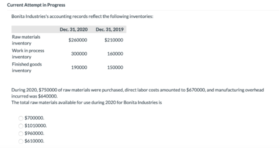 Current Attempt in Progress Bonita Industriess accounting records reflect the following inventories: Dec. 31, 2020 Dec. 31,