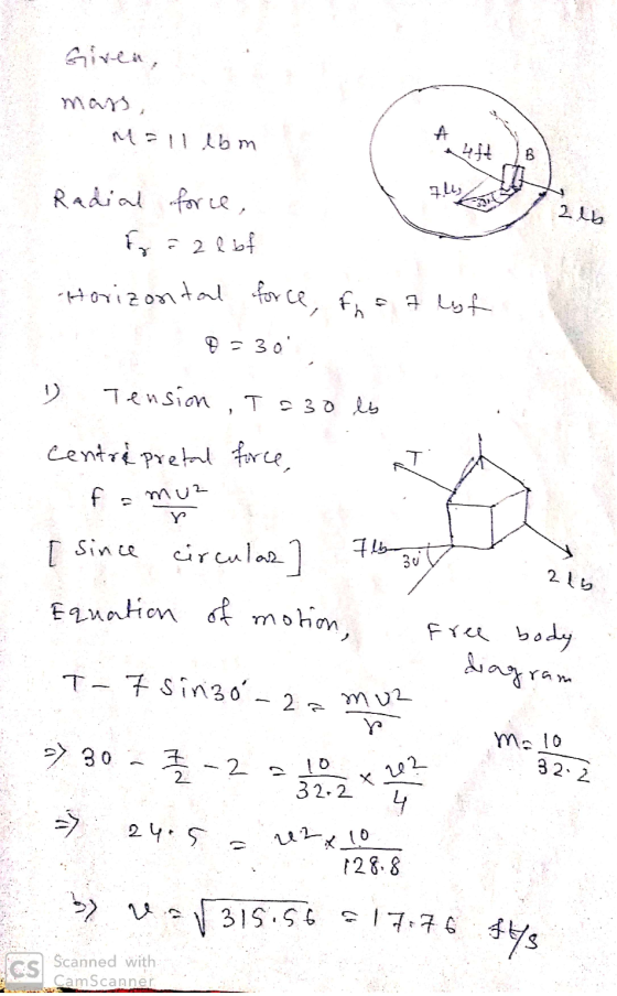 Given, mars, ME!! lom A 417 8 7.Les 2 lb Radial force, f = 2 lbf Horizontal force, fn = 7 lyf B = 30 Tension T230 lis centre