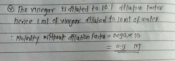 The vinegar qs diluted to 10:1 dilution factor hence I ml of vinegar diluted to lont of water .: Molarity without dilution fa