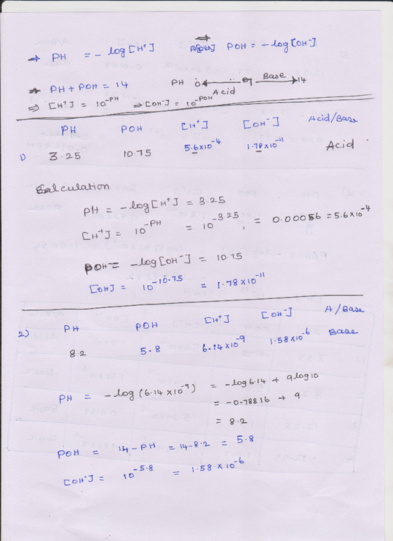 * PH = -log [HI PEVAJ POH = -log CoH] PH or of Base 14 * - PH+ POH = 14 [HT] = 10th COH-] = ro-PonAcid lo po CH Loh J Acid/
