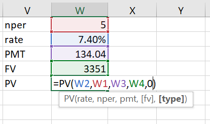 W Y nper 7.40% rate 134.04 PMT FV 3351 =PV(W2,W1,W3,W4,0) PV(rate, nper, pmt, [fv], [type]) PV X