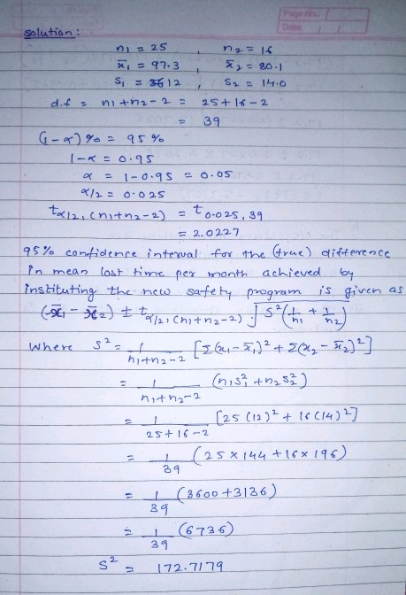 Salution 97.3 39. しーベーー0-95 to = 2.0 227 trac) differe nce- In mean lost timc per month achieved oy itu safety-pogrann-is giv