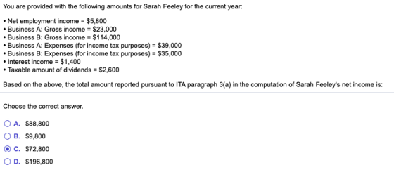 You are provided with the following amounts for Sarah Feeley for the current year: • Net employment income = $5,800 • Busines
