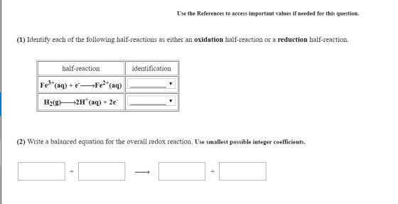 Use the References to access important values if needed for this question. (1) Identify each of the following half-reactions