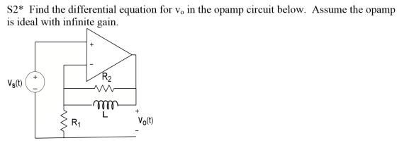 S2* Find the differential equation for Vo in the opamp circu is ideal with infinite gain. it below. Assume the opamp Vs(t) R1 Vol(t)