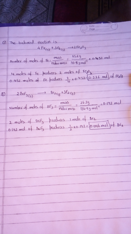 Data Paga The balanned feaction is 4 Fetsy tag句ー2Fea@y fe.rmasmass sagmor Lausa muss 152g number of moks 452 mol tes 2 o 452m 0:22 26.3g Mola mas 136 g mol 0192