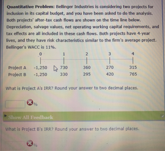 Quantitative Problem: Bellinger Industries is considering two projects for inclusion in its capital budget, and you have been asked to do the analysis. Both projects after-tax cash flows are shown on the time line below. Depreciation, salvage values, net operating working capital requirements, and tax effects are all included in these cash flows. Both projects have 4-year lives, and they have risk characteristics similar to the firms average project. Bellingers WACC is 11%. 0 2 4 Project A -1,250 730 360 Project B1,250 330 270 420 315 765 295 What is Project As IRR? Round your answer to two decimal places. What is Project Bs IRR? Round your answer to two decimal places