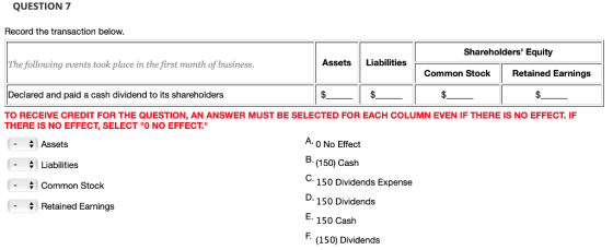 QUESTION 7 Record the transaction below. Shareholders Equity The following events took place in the first month of business. AssetsLiabilities Common StockRetained Earnings Declared and paid a cash dividend to its shareholders TO RECEIVE CREDIT FOR THE QUESTION, AN ANSWER MUST BE SELECTED FOR EACH COLUMN EVEN IF THERE IS NO EFFECT. IF THERE IS NO EFFECT, SELECT O NO EFFECT. A. O No Effect B (150) Cash 150 Dividends Expense D. 150 Dividends E. 150 Cash F (150) Dividends - Assets -Liabiities Common Stock Retained Earnings