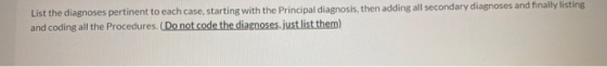 List the diagnoses pertinent to each case, starting with the Principal diagnosis, then adding all secondary diagnoses and fin