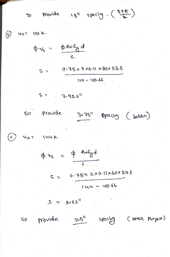 so provide igh spacing , ( 215 ) © Vu= 110 k. ф, - ф еv-Sad 0.75*2*0.11 x604 275 : 110 - 10.66 : 5: 3.92611 so provide .: 3.7