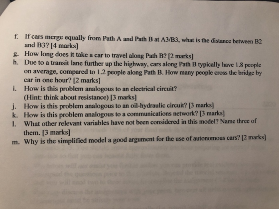 f. If cars merge equally from Path A and Path B at A3/B3, what is the distance between B2 and B3? [4 marks] g. How long does