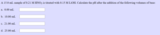 A 15.0 mL sample of 0.21 M HNO3 is titrated with 0.15 M LiOH. Calculate the pH after the addition of the following volumes of