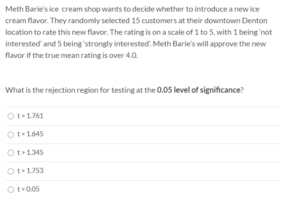 Meth Baries ice cream shop wants to decide whether to introduce a new ice cream flavor. They randomly selected 15 customers