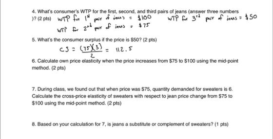 4. Whats consumers WTP for the first, second, and third pairs of jeans (answer three numbers )? (2 pts) WTP for 14 pair of