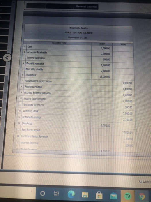 General Journal AD RISTED THALILALANCE December 31, 20 ACCOLT TITLE CREDIT 1 Cash 1,500.00 Accounts Receivable 2,000.00 3 Int