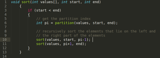 void sort(int values[], int start, int end) if (start < end) // get the partition index int pi = partition (values, start, en