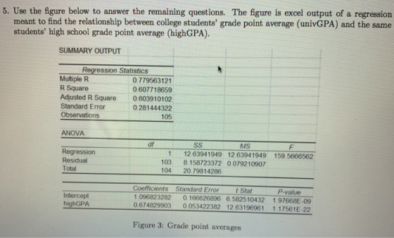 5. Use the figure below to answer the remaining questions. The figure is excel output of a regression meant to find the relat