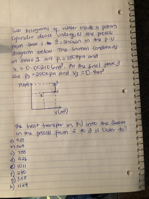 Two Glograms of water inside a piston Cylinder device undergoes the process from state I to 3 shown in the pou diagram below.