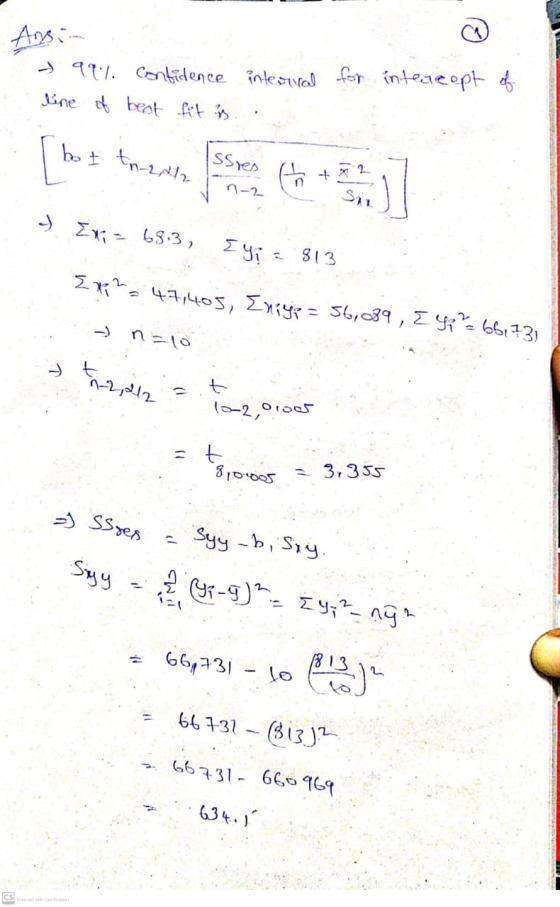 Ansi- - 99% confidence interval for intercept of line of beat fit is bot tn.2Al2 Issres foto] n-2 1 Exp = 633, Ey = 813 572 4