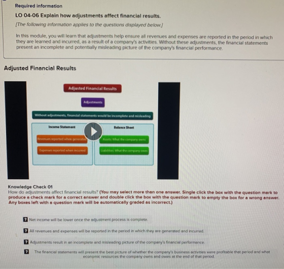 Required information LO 04-06 Explain how adjustments affect financial results. [The following information applies to the que