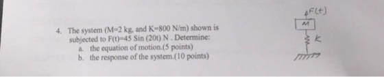 4 FLt) 4?The system (M-2 kg, and K-800 N/m) shown is subjected to F(0)-45 Sin (20t) N.Determine: the equation of motion.(5 points) a. b. the response of the system.(10 points)