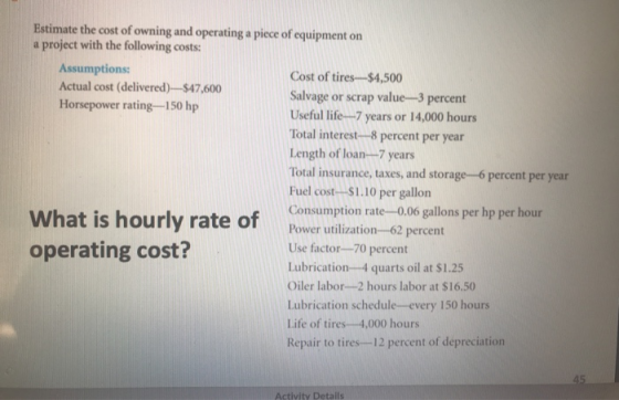 Estimate the cost of owning and operating a piece of equipment on a project with the following costs: Assumptions: Cost of ti
