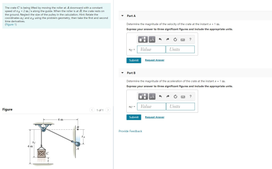 The crate C is being lifted by moving the roller at A downward with a constant speed of VA = 2 m/s along the guide. When the
