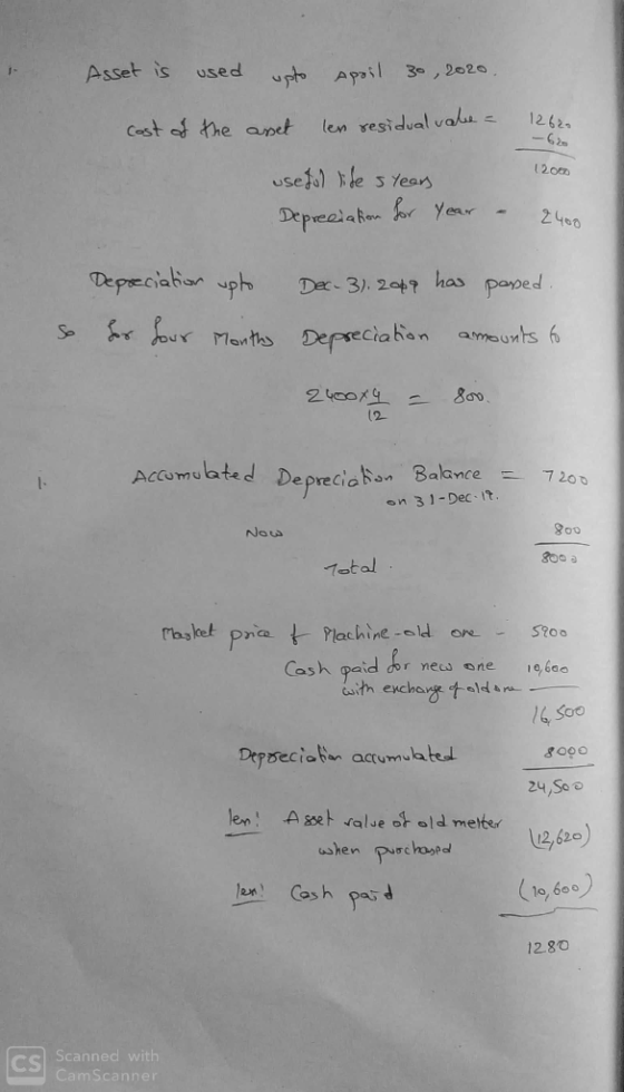 Asset is used upto apoil 30, 2020 Cost of the asset 12620 len residual vale = 12000 useful life years Depreciation for year -