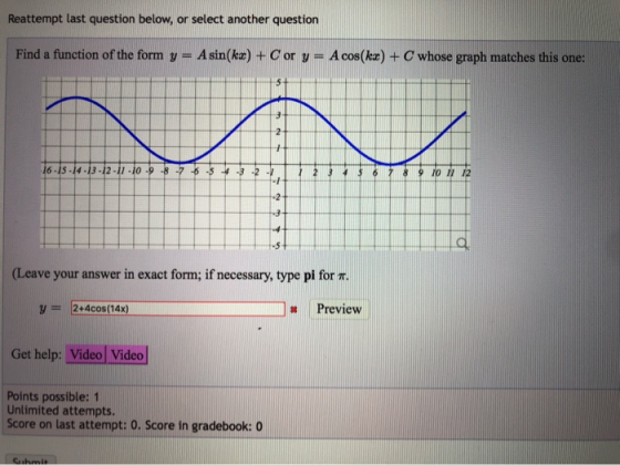 Reattempt last question below, or select another question Find a function of the form y = A sin(kx) + Cor y = A cos(kx) + C w