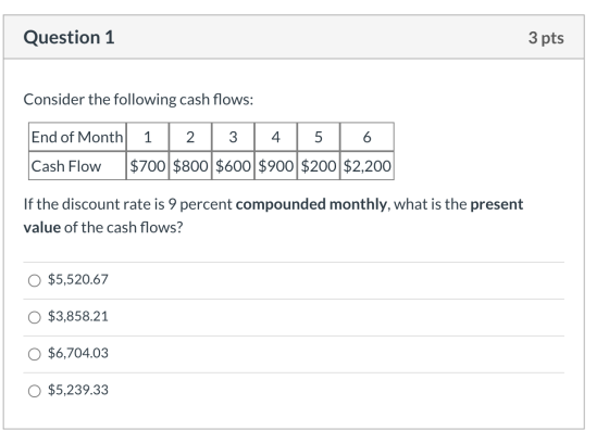 Question 1 3 pts Consider the following cash flows: End of Month 1 2 3 4 5 6 Cash Flow $700 $800 $600 $900 $200 $2,200 If the