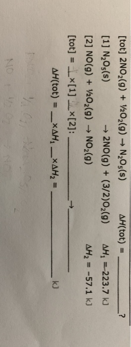 [tot] 2NO2(g) + V2O2(g) - N,05(s) ΔΗ(tot) = [1] NOS(S) + 2NO(g) + (3/2002(g). ΔΗ, = 223.7 kg [2] NO(g) + V2O2(g) + NO2(g) ΔΗ,
