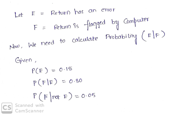 Let Ę = Return has an error F = Return as flacjged by computer Now, We need to calculate probability (Elp) Given, PCE) = 0.15
