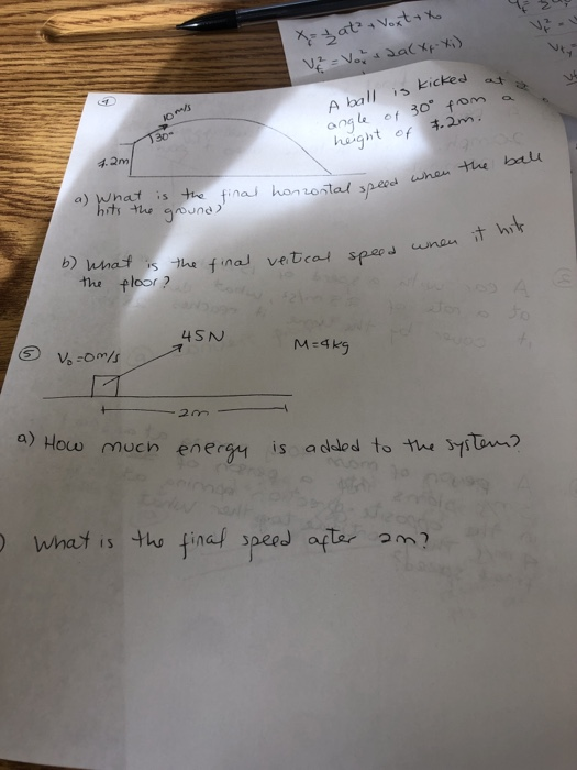 42 X-yat² + Voxt to Ve= Varudal Xq Xi) kicked at ut A ball is kicked a angle of 30° from height of #2m. 4.2m a) What is the f