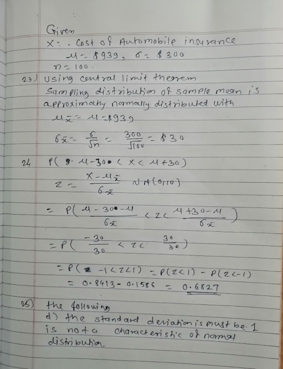 Given xa. Cost of Automobile insurance e-8939, or $300 na100 23) using central limit theorem Sampling distribution of sample