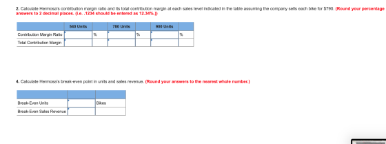 2. Calculate Hermosas contribution margin ratio and its total contribution margin at each sales level indicated in the table