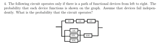 e following circuit operates only f there is a path of functional devices from left to right. probability that each device functions is shown on the graph. Assume that devices fail indepen dently. What is the probability that the circuit operates? 0.9 0.9 0.9 0.9 0.95 0.99 0.95