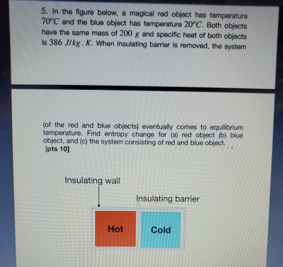 5. In the figure below, a magical red object has temperature 70°C and the blue object has temperature 20°C. Both objects have