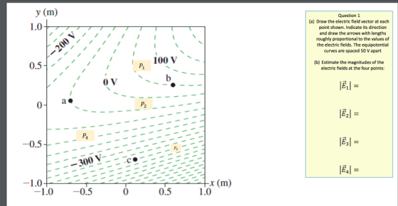 y (m) 1.0+ Question 1 (a) Draw the electric field vector at each point shown. Indicate its direction and draw the arrows with lengths roughly proportional to the values of the electric fields. The equipotential curves are spaced 50 V apart 11 0.5 (b) Estimate the magnitudes of the electric fields at the four points: ?] = 1 ! ?z = III 1 III !!!!! -0.5+ - |?3] = Till IIIII IIIII! 1 STITI ilili Iilili 2111 |?4 = --- -1.0 -1.0 +x (m) 1.0